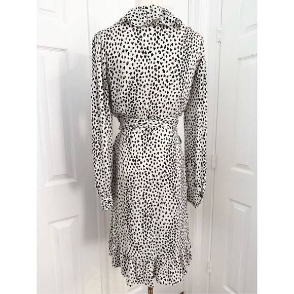 Maje Off White Black Rosana Ruffled Long SleeveAnimal Print Wrap Dress Size 2 - Picture 3 of 6